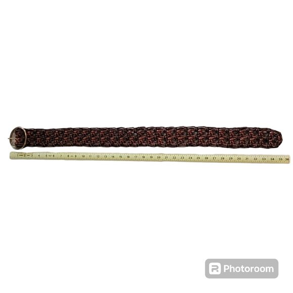 Macrame Leather and Rope Boho Woven Belt with Round Gold Tone Buckle Y2K - Picture 7 of 9